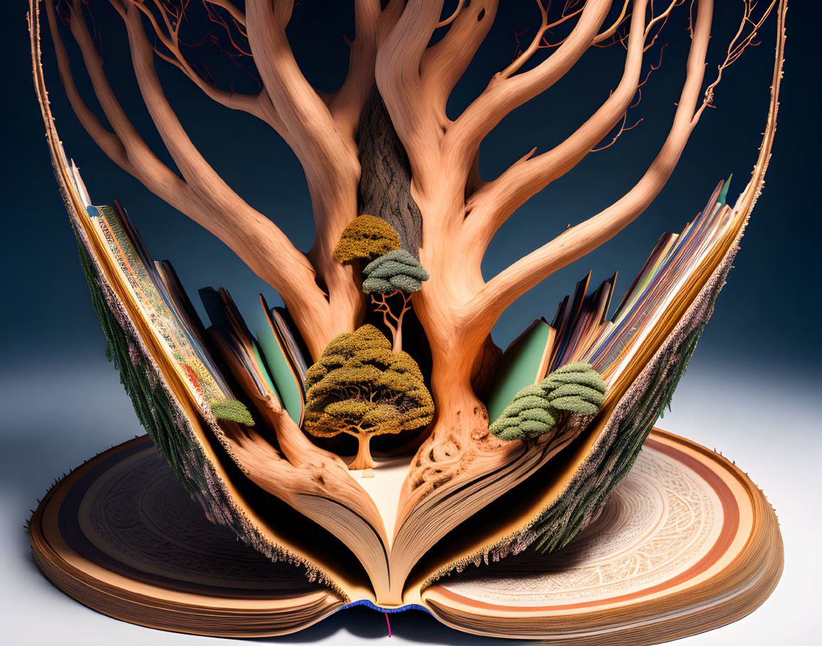 Open book pages transform into vibrant tree on blue-orange gradient.