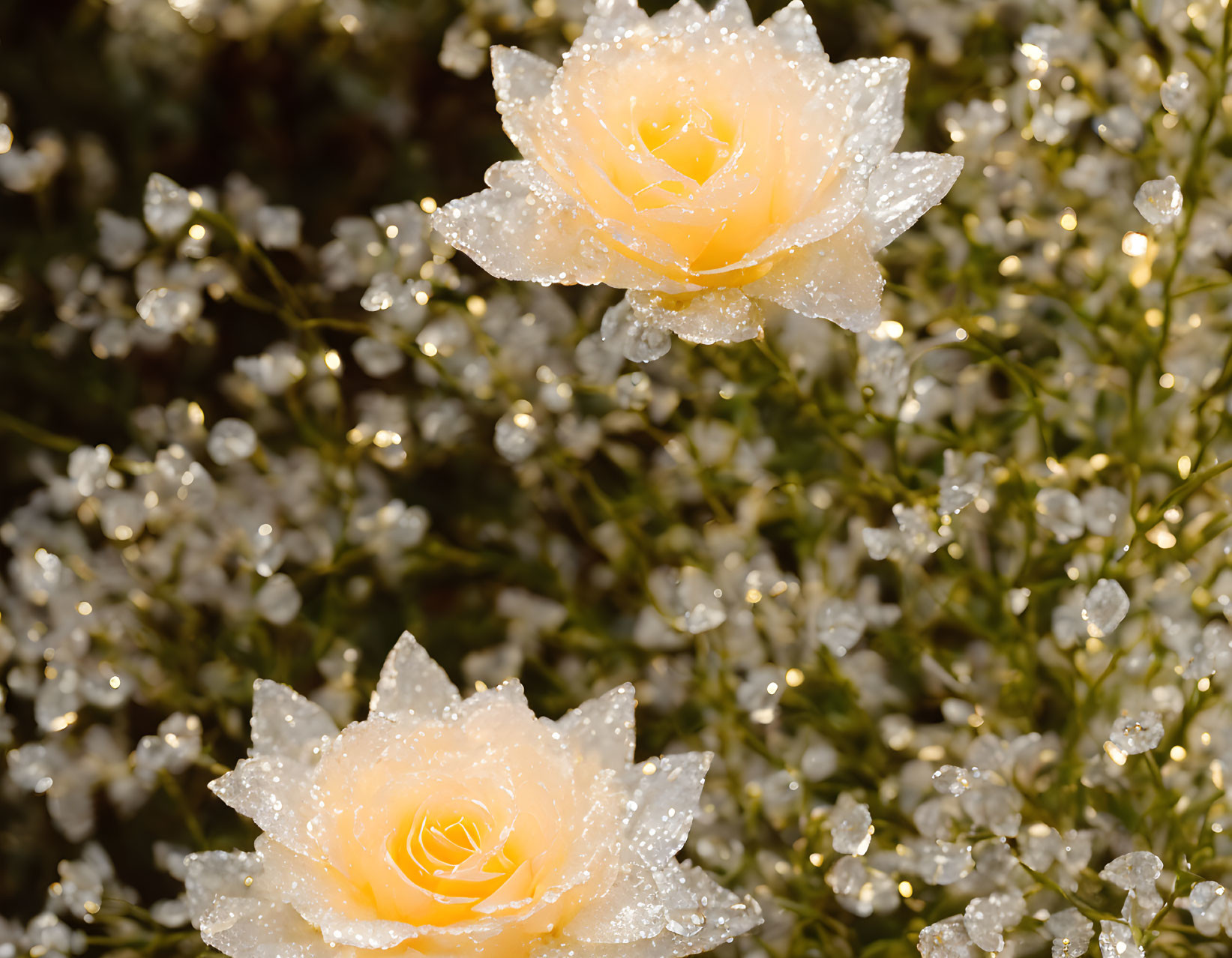 Dew-covered peach roses in a field of white flowers under soft light