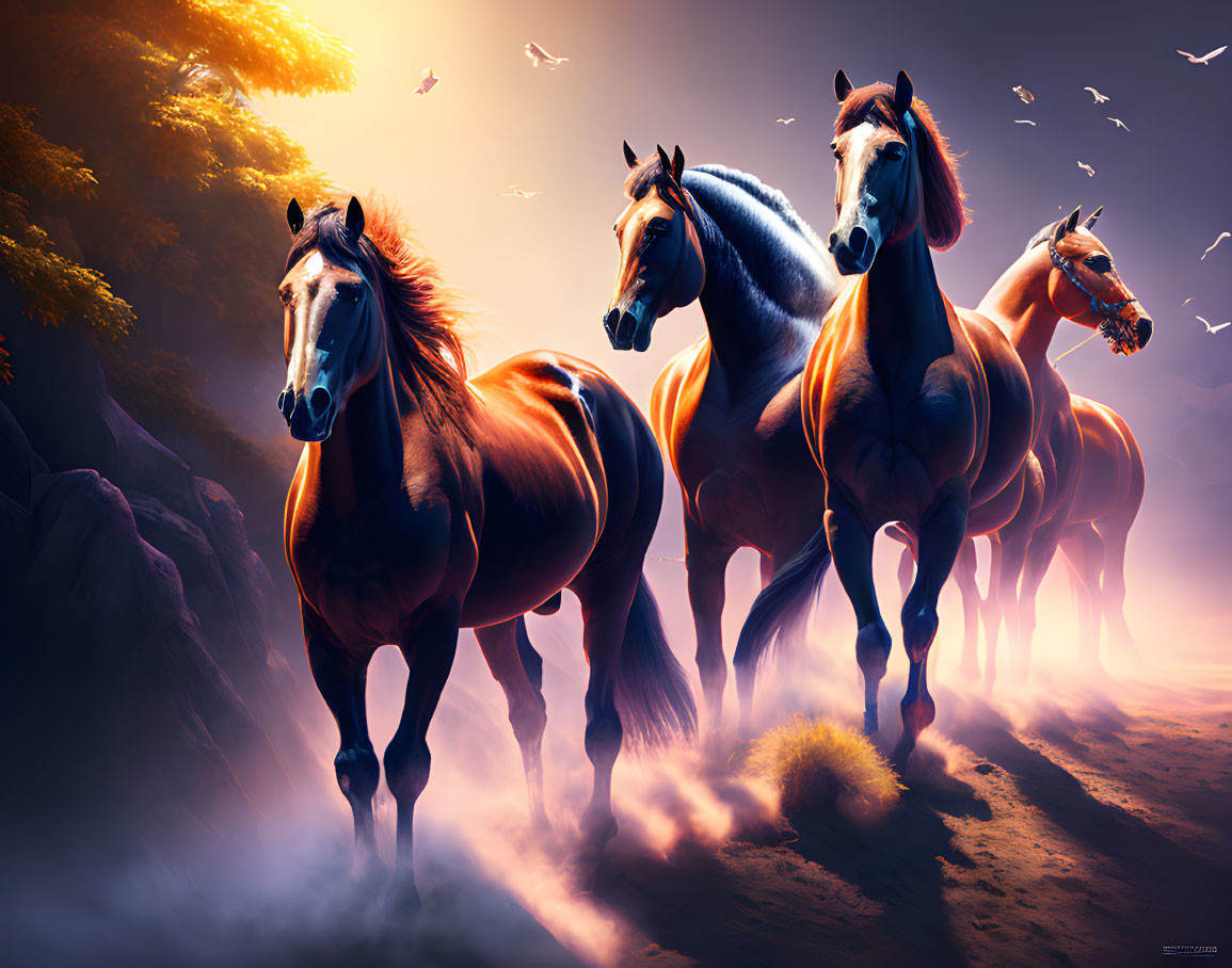 Four majestic horses galloping at sunset with swirling mist