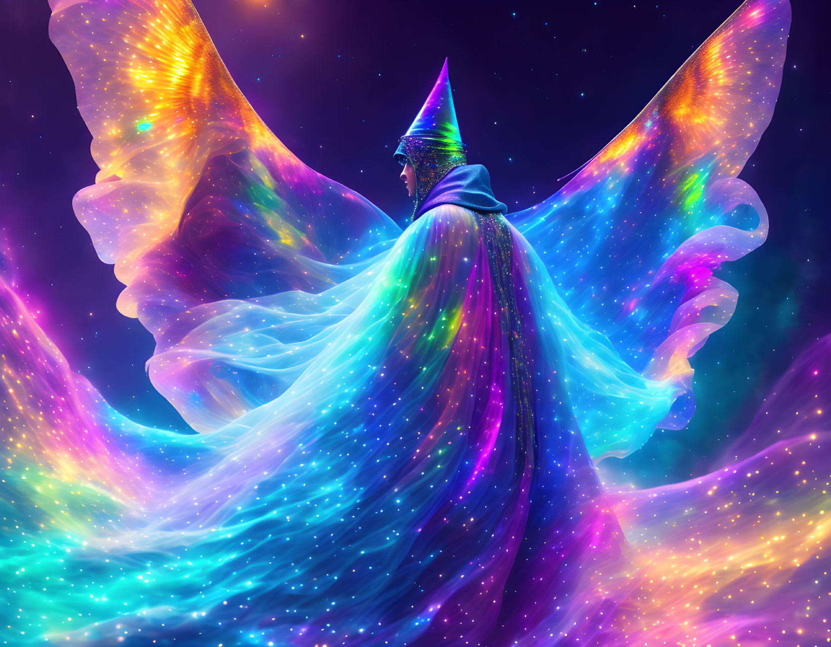 Mystical figure with cosmic wings and pointed hat in vibrant galactic scene