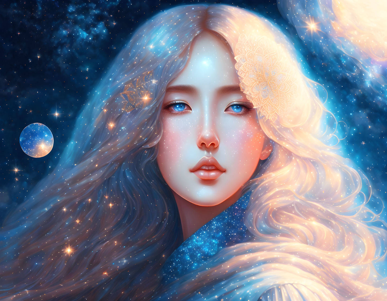 Celestial woman with flowing hair in starry cosmos