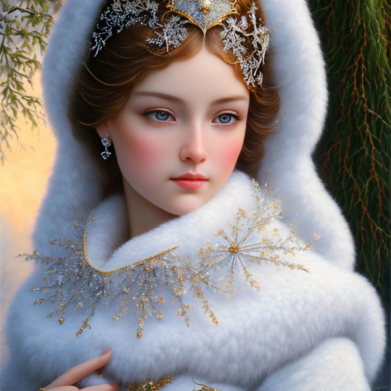 Portrait of Woman in White Fur Hood with Golden Embroidery