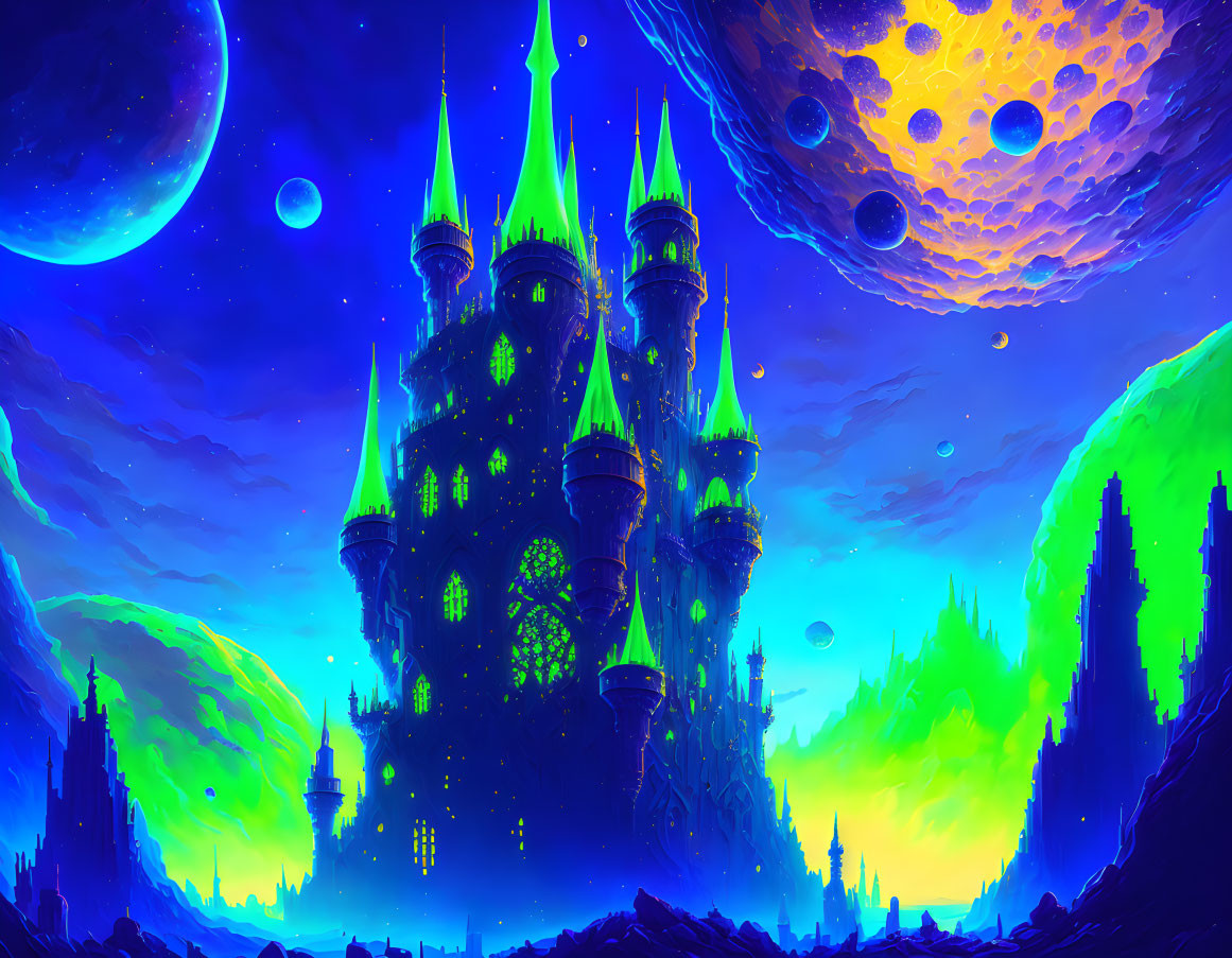 Fantasy castle with spires under alien sky and two moons in luminous landscape