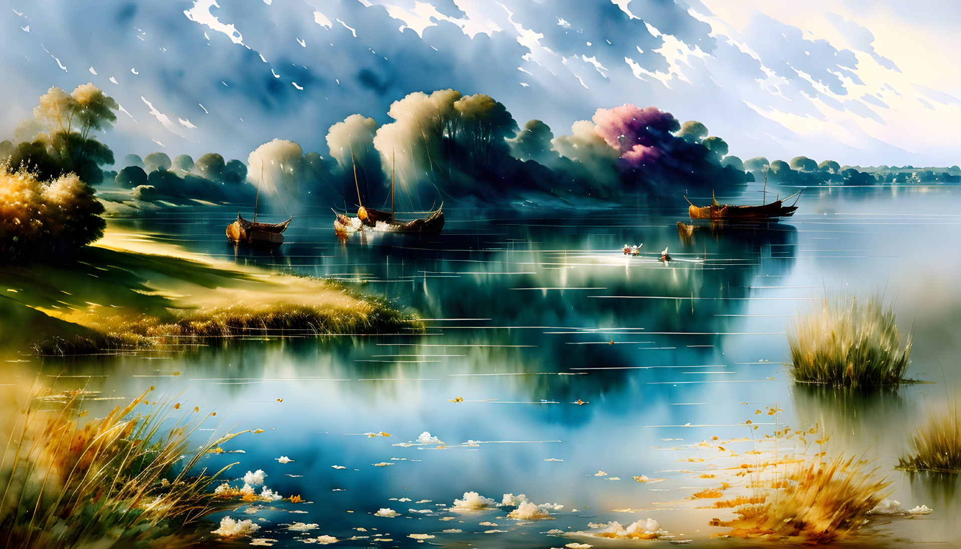 Tranquil digital painting of boats on a serene lake