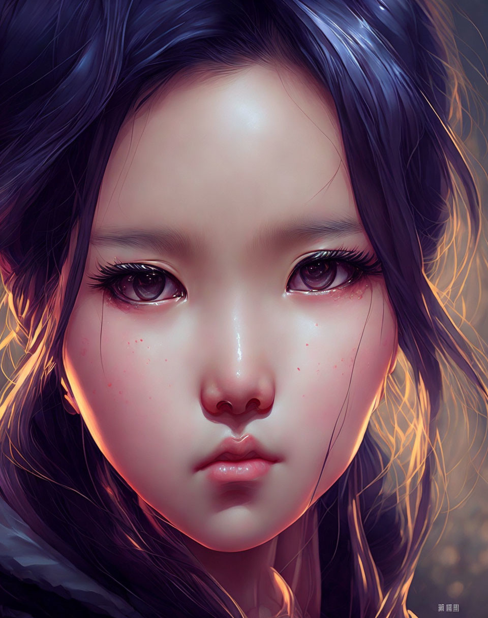 Detailed close-up of digital artwork: girl with expressive eyes, flushed cheeks, and dark hair on soft