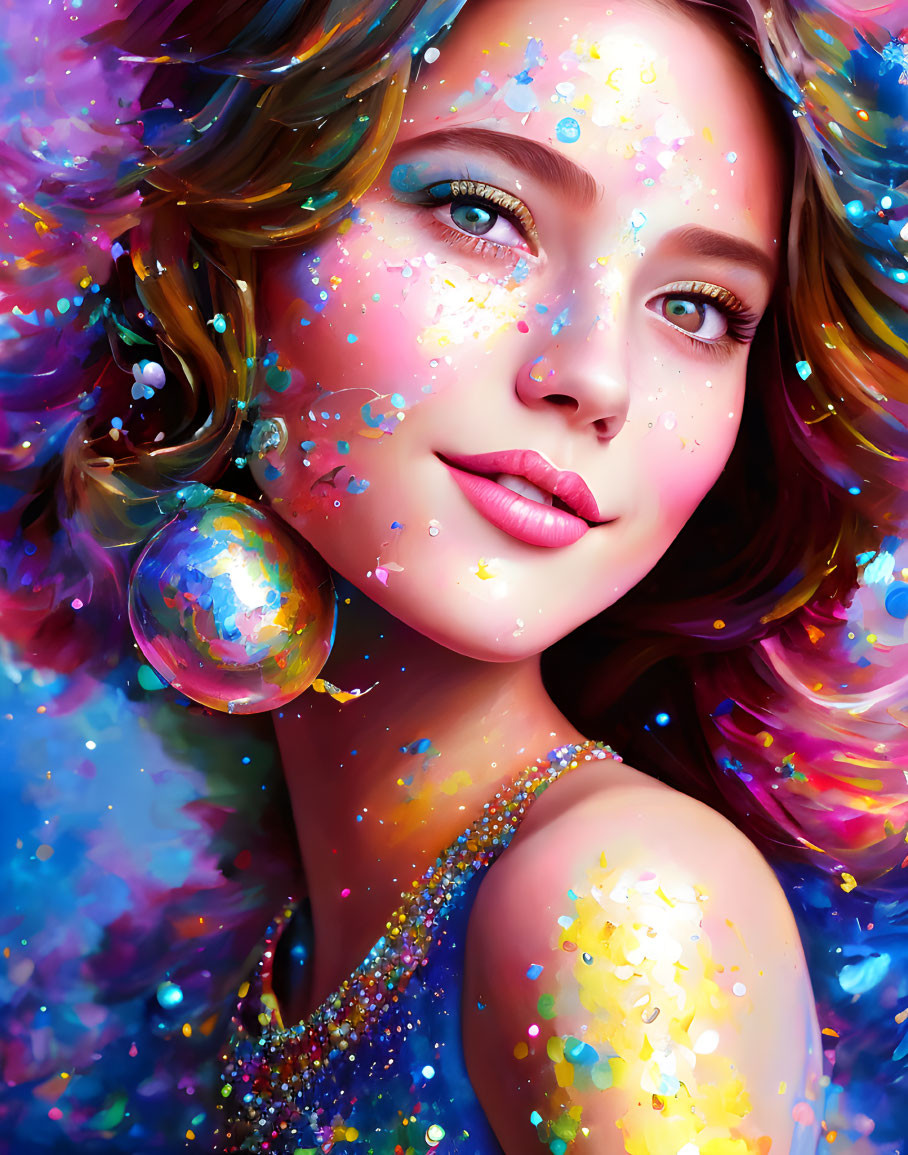 Colorful digital portrait of a smiling woman with multicolor accents and glossy bubble earring