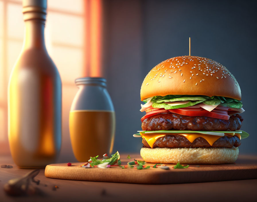 Delicious Double Cheeseburger with Fresh Ingredients on Wooden Board