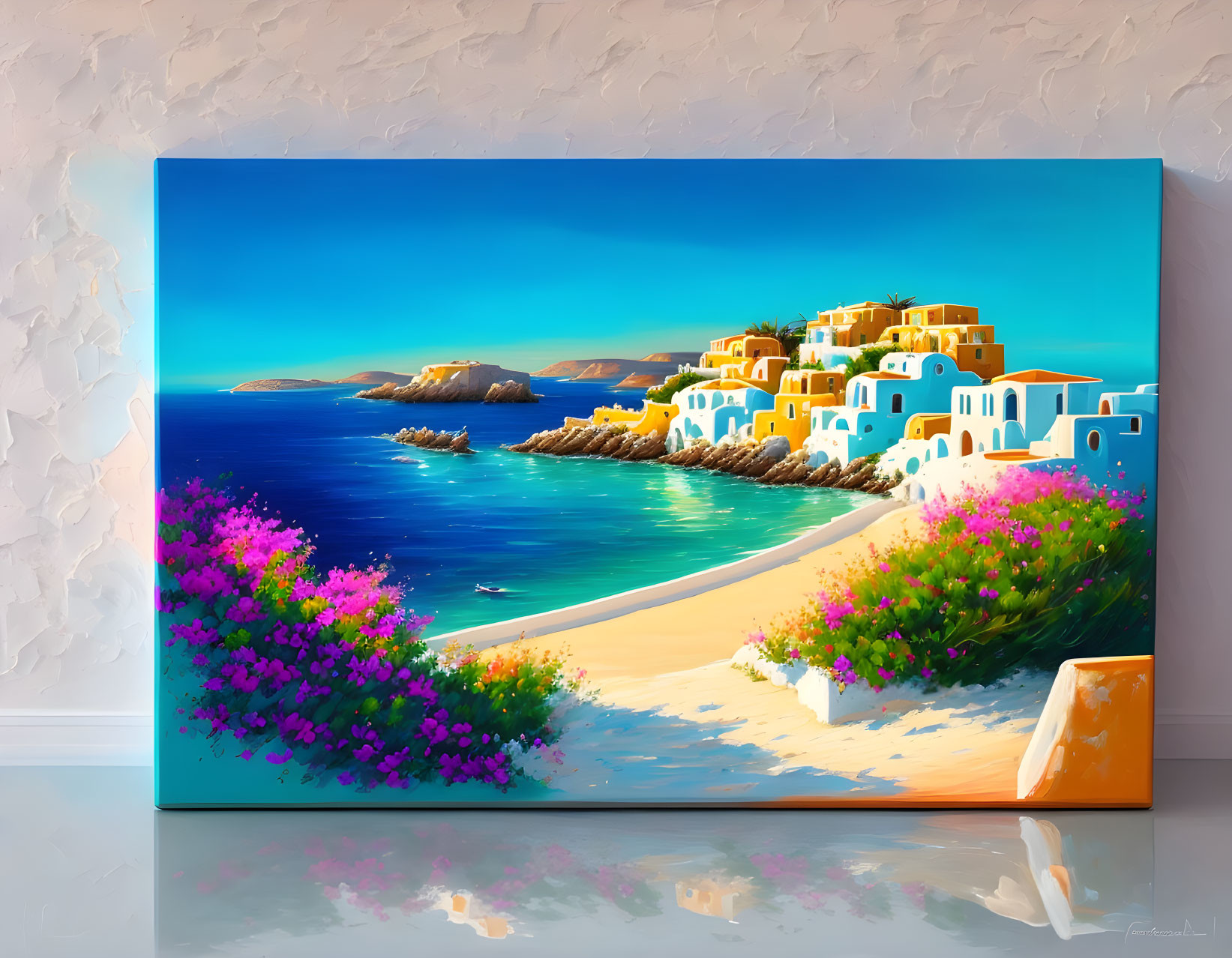 Colorful Coastal Mediterranean Village Painting on Reflective Canvas