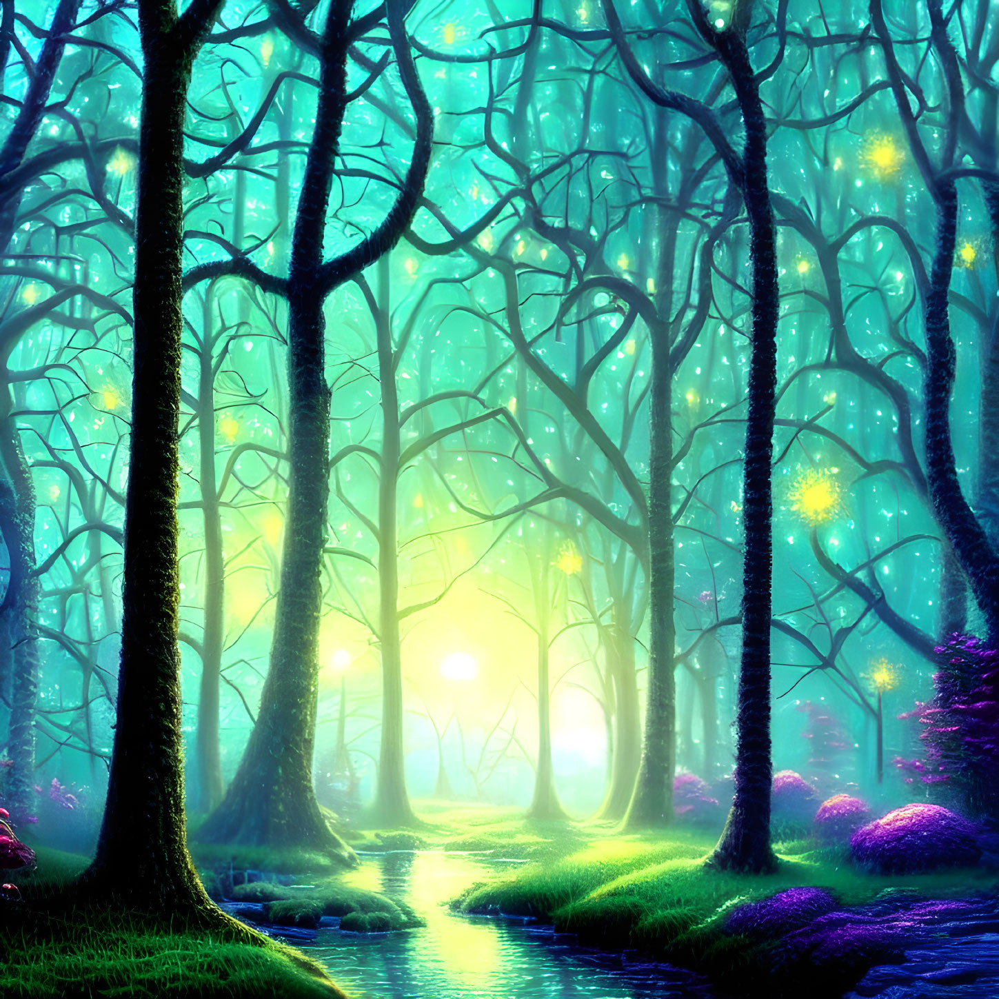 Serene enchanted forest with glowing lights, mist, blue and green color palette, brook, and