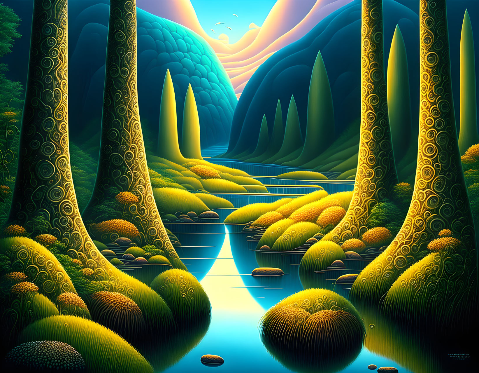 Fantastical landscape with swirling trees, hills, river, and sunset.