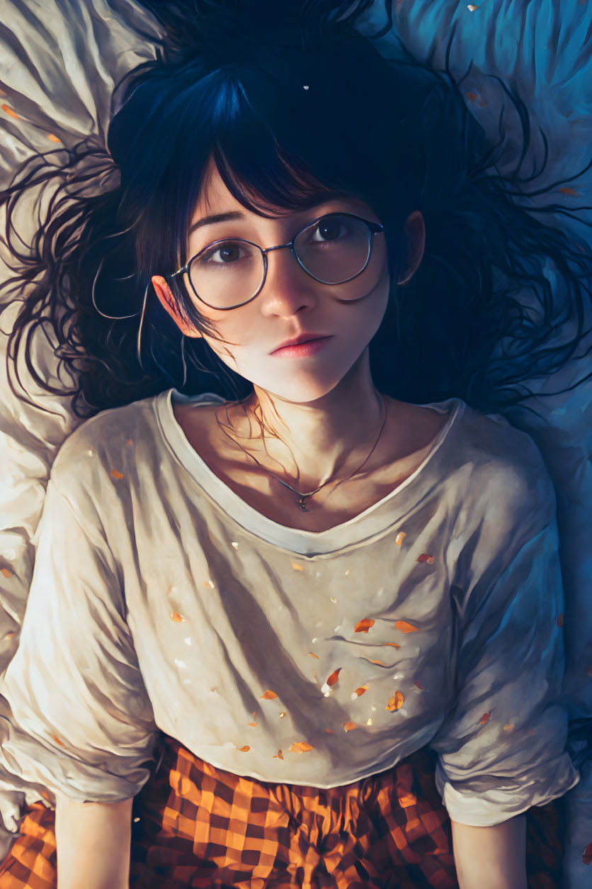 Dark-haired girl in glasses wearing white shirt with orange splatters and plaid skirt lying down