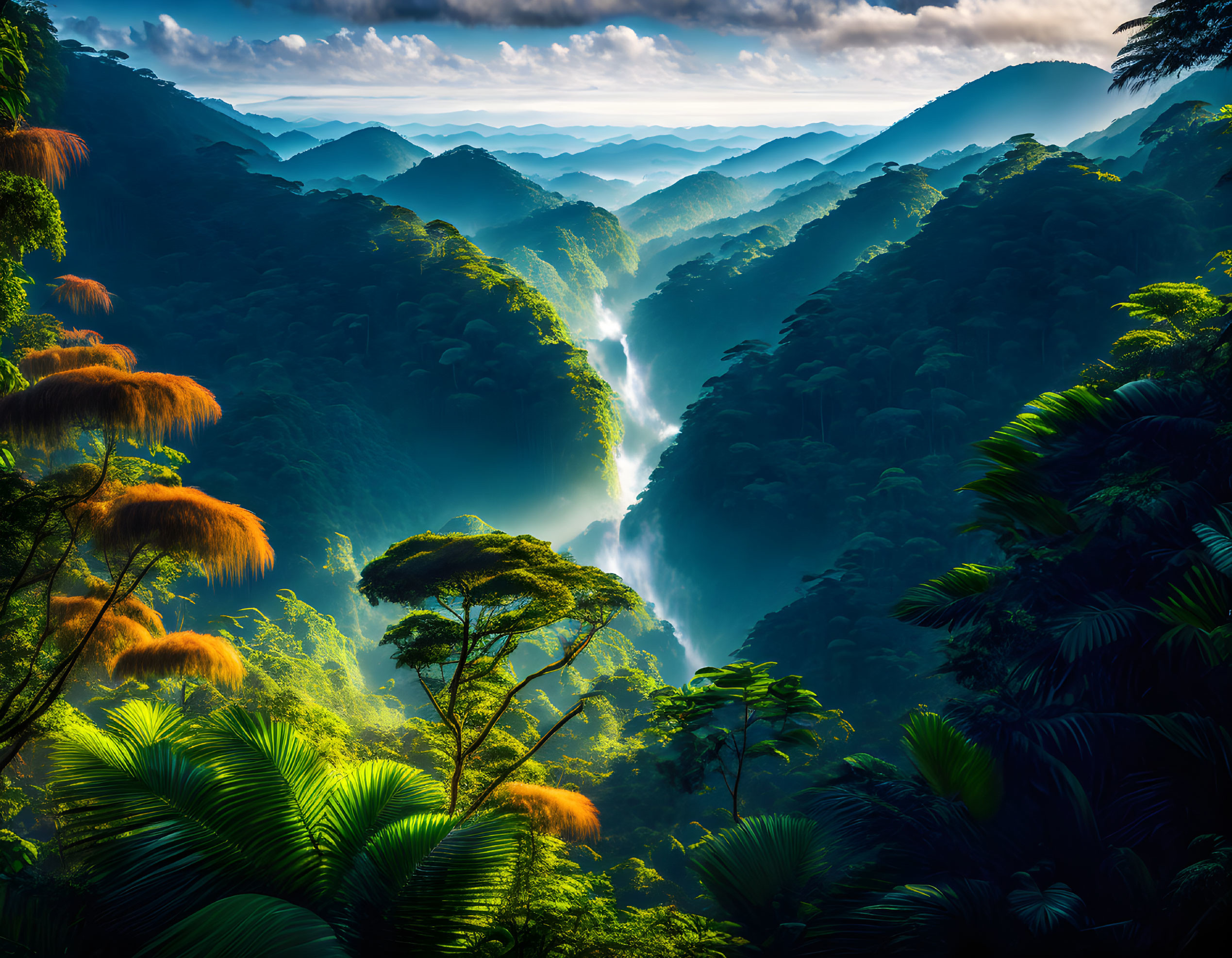 Majestic forest landscape with sunbeam and misty ridges