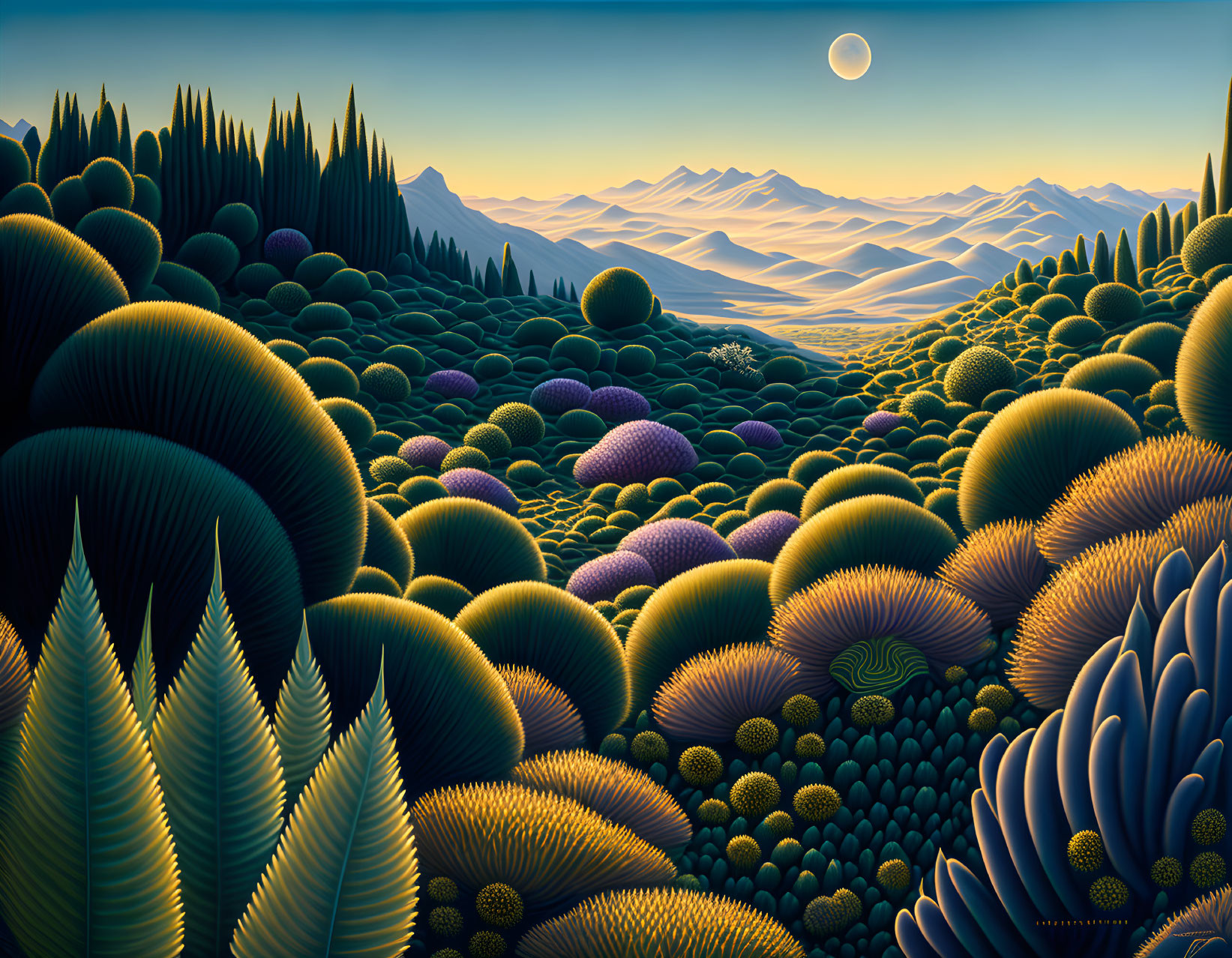 Surreal landscape with rounded trees under starry sky