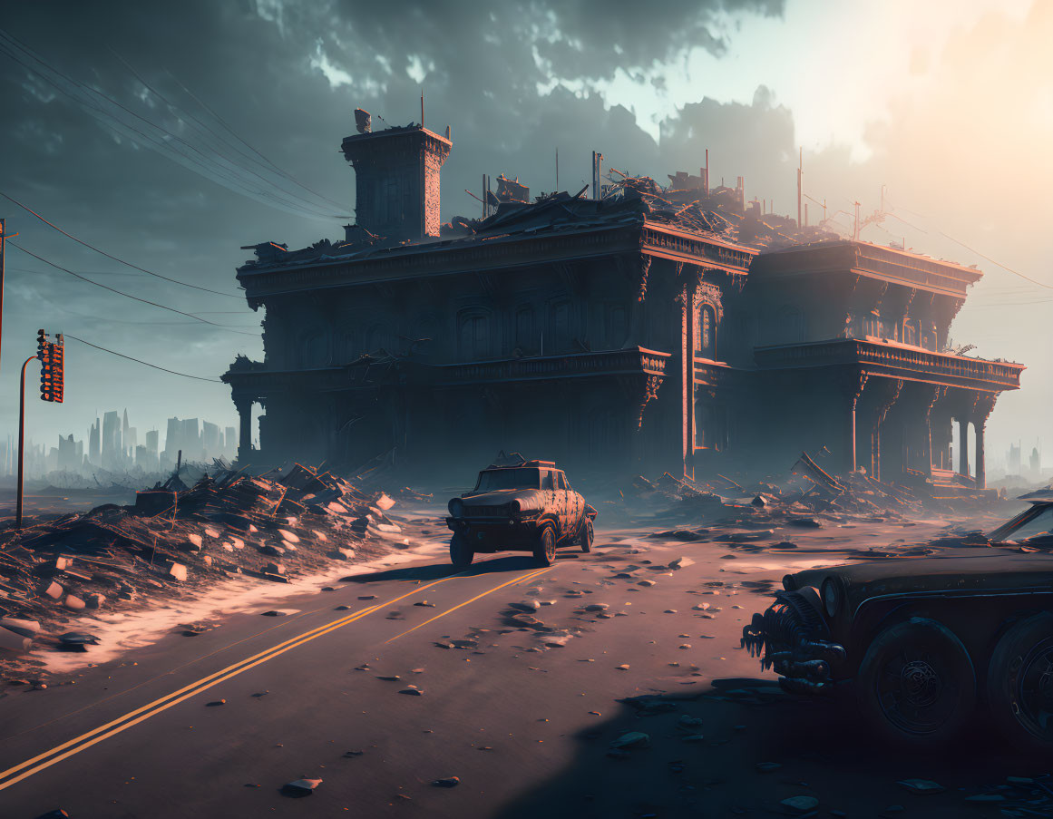 Dystopian scene with dilapidated building, abandoned cars, hazy sky, city silhouette,