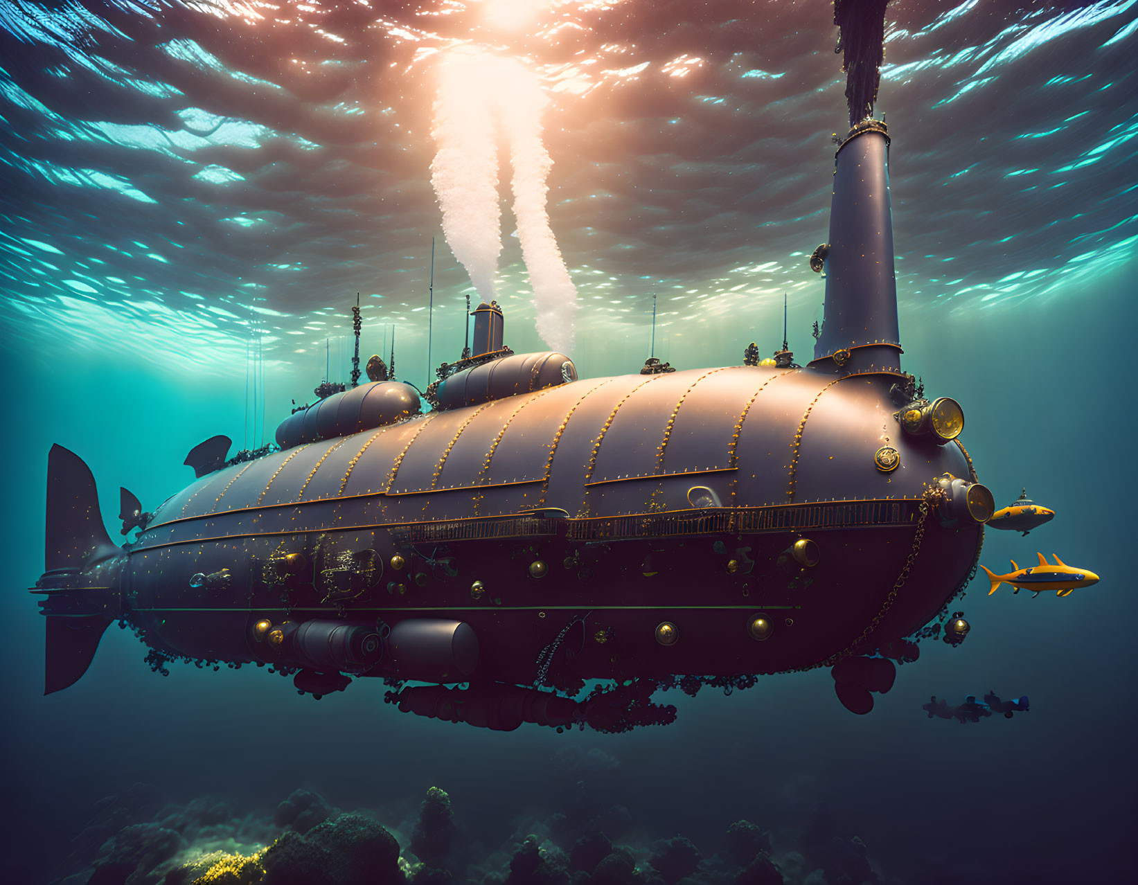 Steampunk-style submarine submerged in deep ocean with light rays and fish.