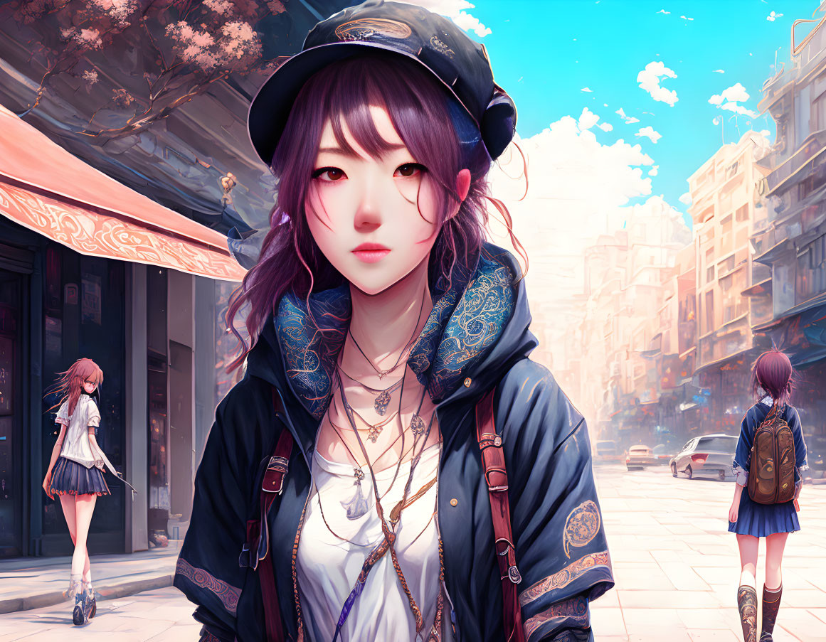 Digital Art: Girl with Long Hair, Cap, and Headphones in Urban Street Scene