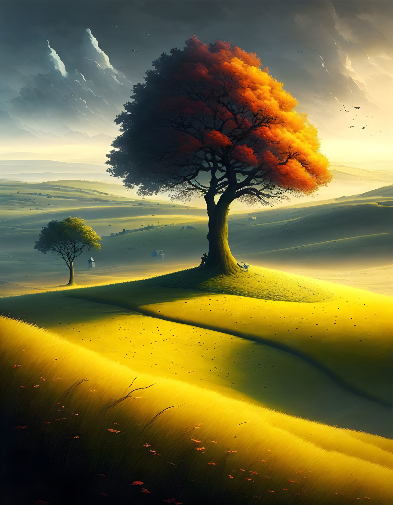 Vibrant Orange Tree on Sunlit Rolling Hill with Birds in Sky