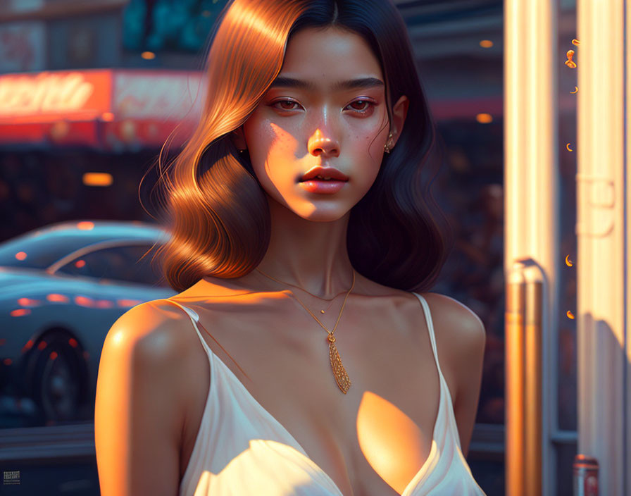 Digital artwork: Young woman with stern expression in street at sunset