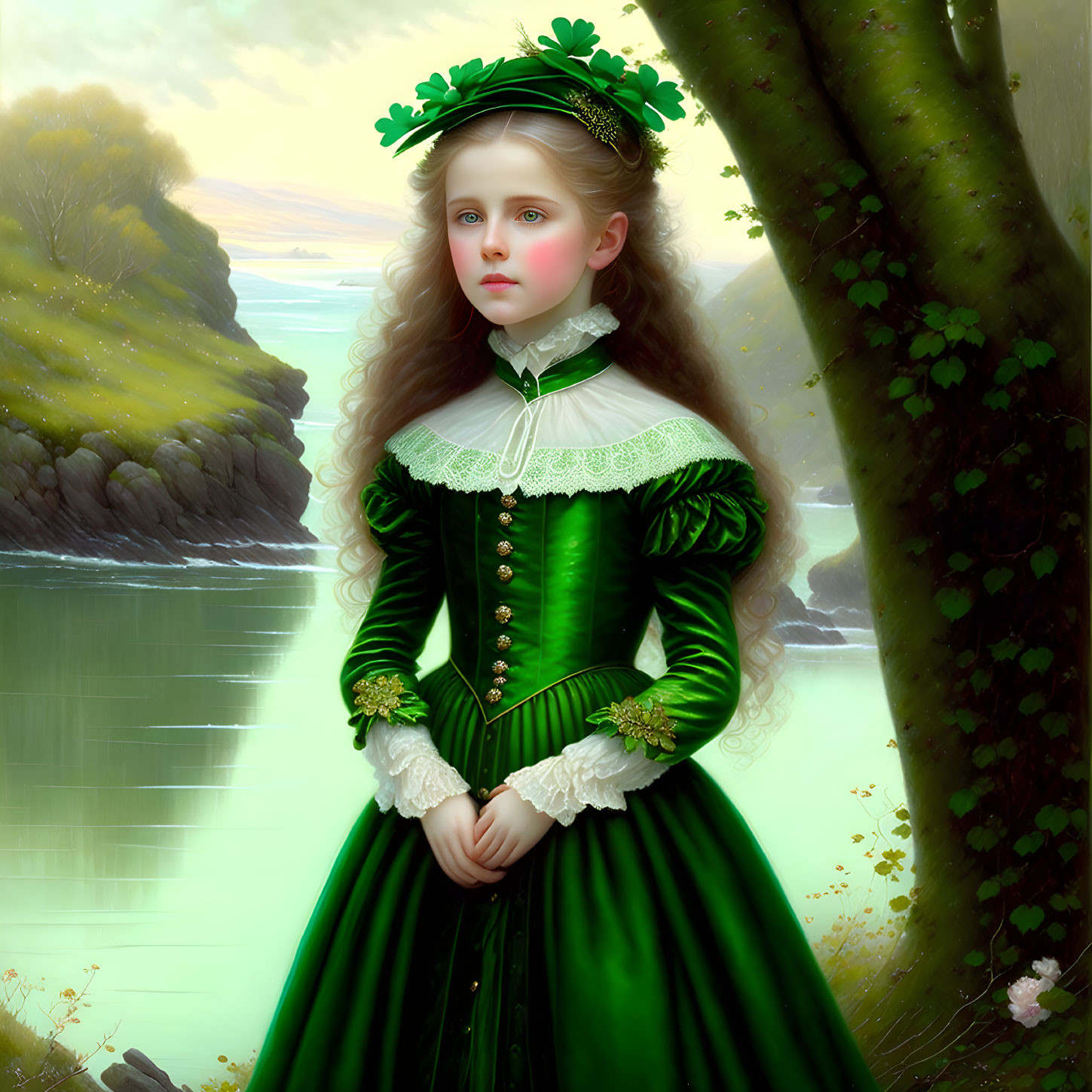 Victorian-dressed girl in green attire poses by forest river with leafy headpiece