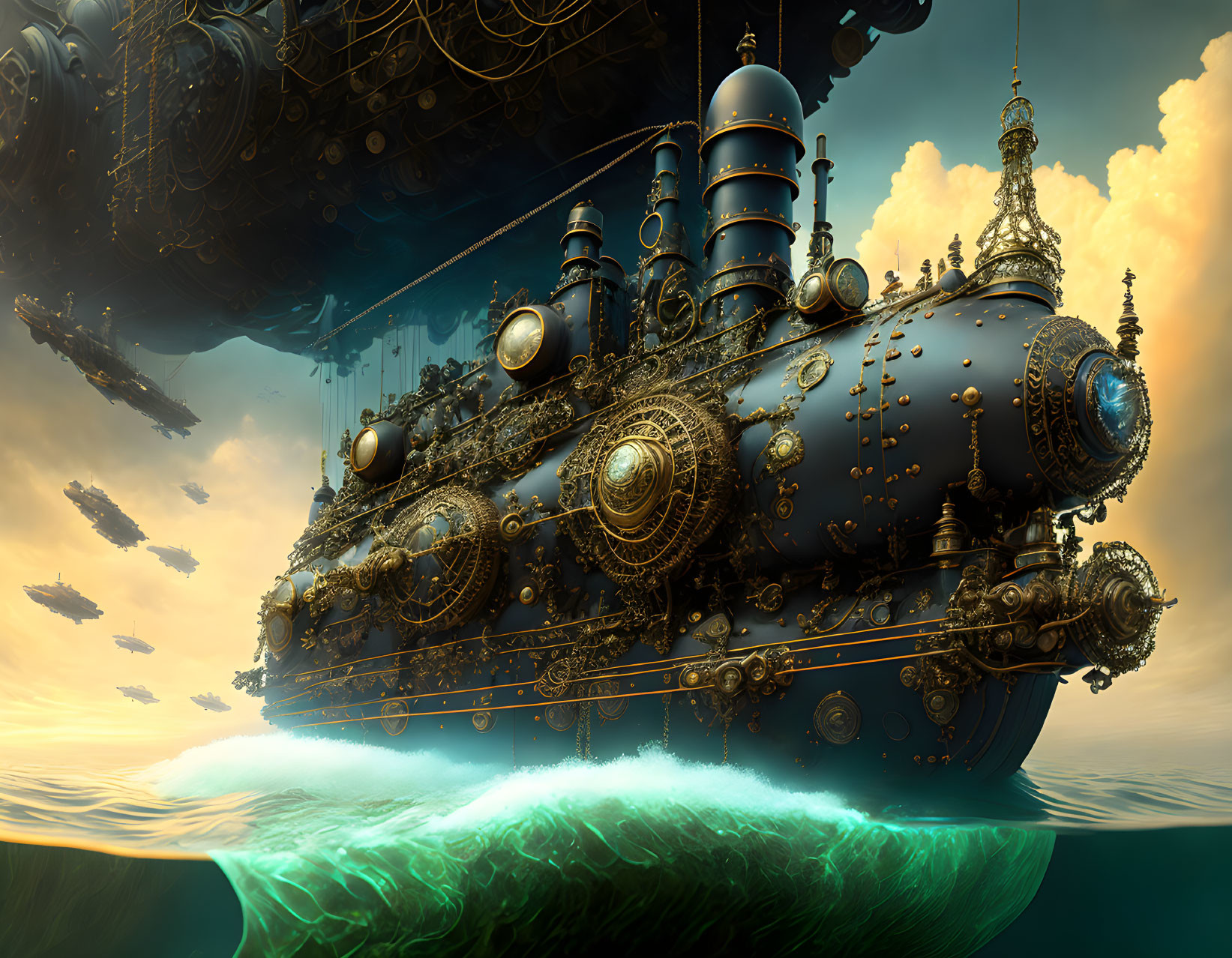 Steampunk submarine with gears and metallic embellishments on ocean waves below floating islands