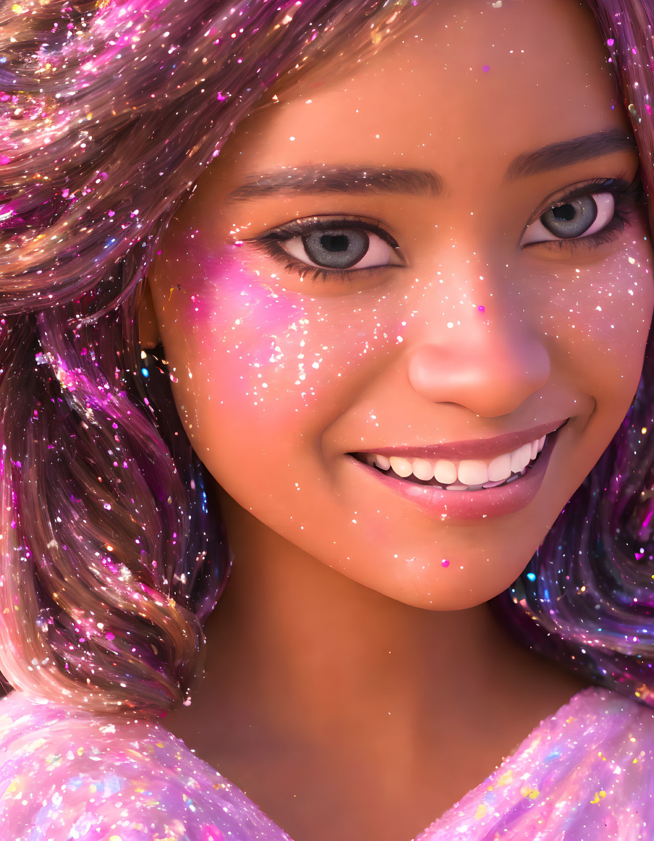 Smiling person with sparkling makeup and glitter, exuding magical aura