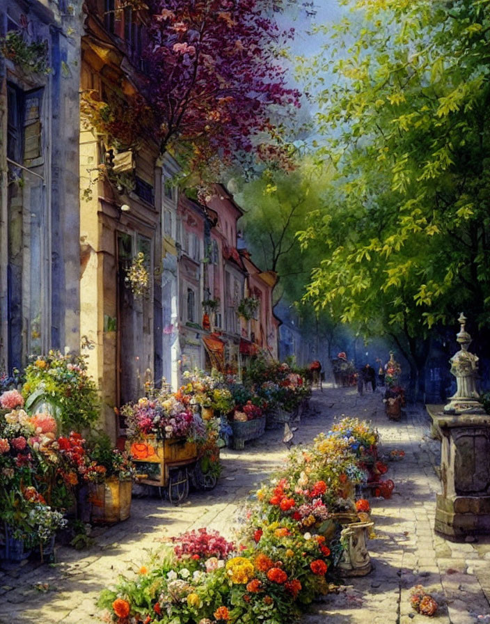 Vibrant painting of cobblestone street with flowers and buildings