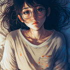 Dark-haired girl in glasses wearing white shirt with orange splatters and plaid skirt lying down