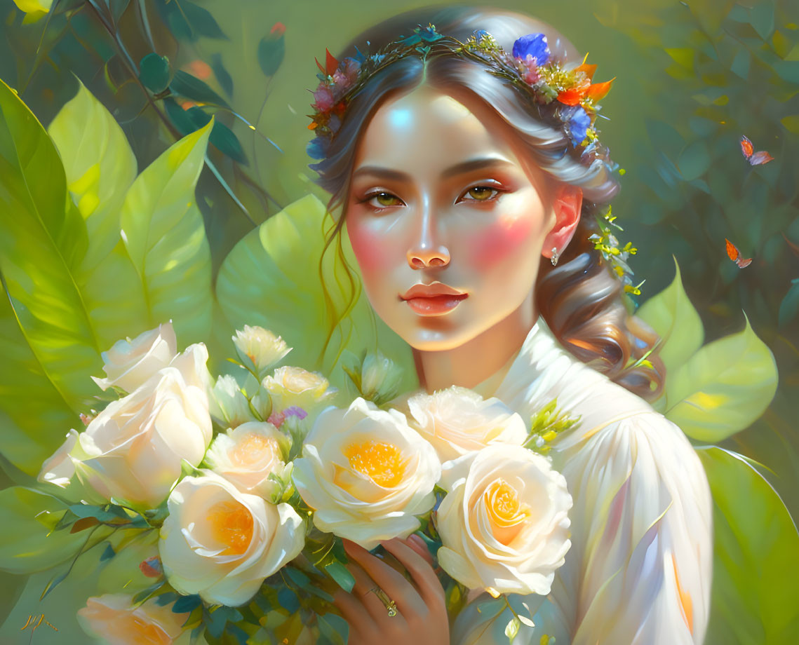 Woman with Floral Crown and White Roses Surrounded by Greenery and Butterflies