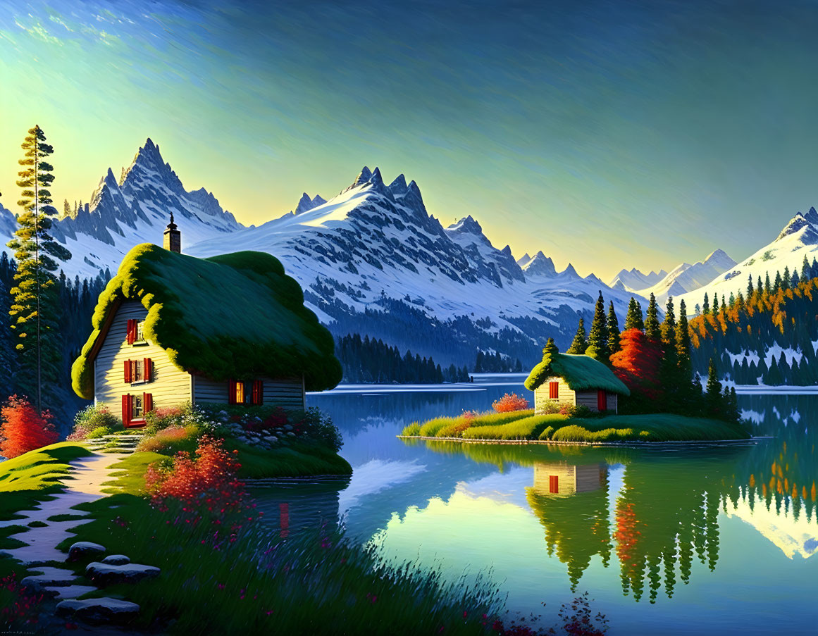 Scenic landscape digital painting: snow-capped mountains, calm lake, cottages, greenery