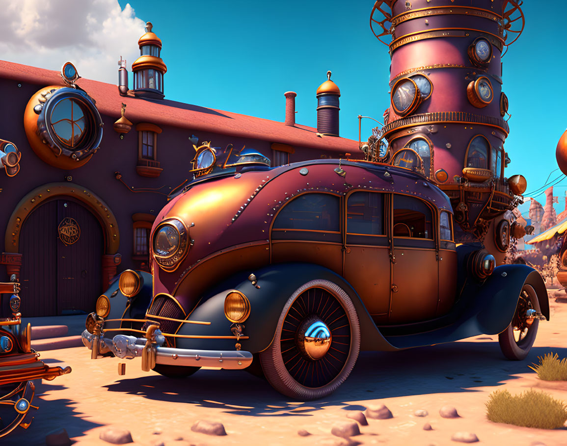 Retro-futuristic steampunk-style vehicle in front of whimsical buildings