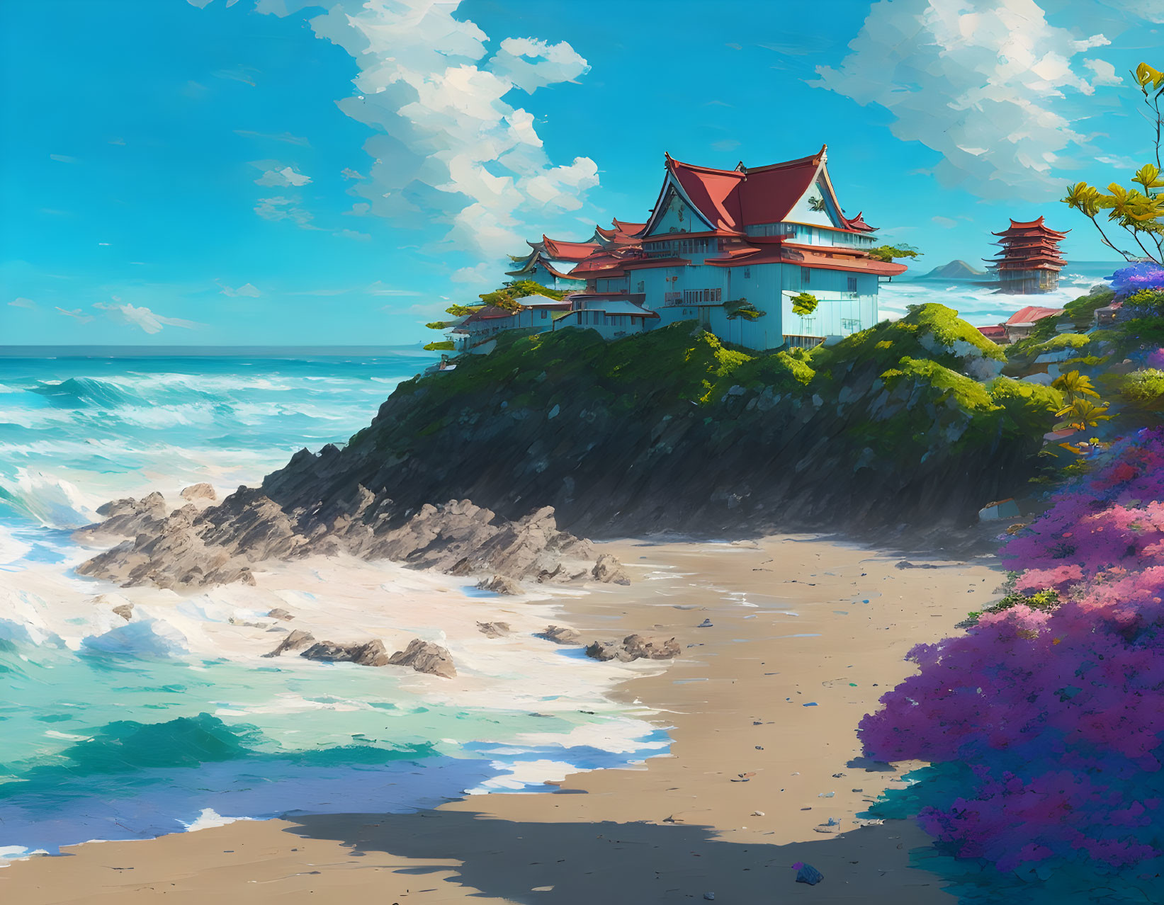 Illustration of Asian-style palace on cliff above beach with waves and purple flora