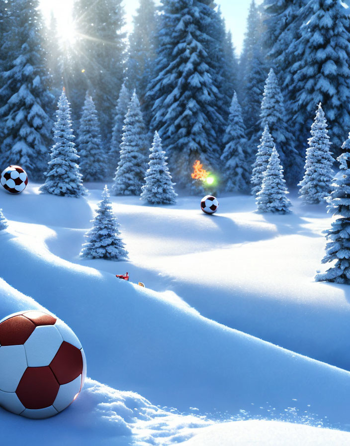 Snow-covered fir trees with soccer balls under bright sun