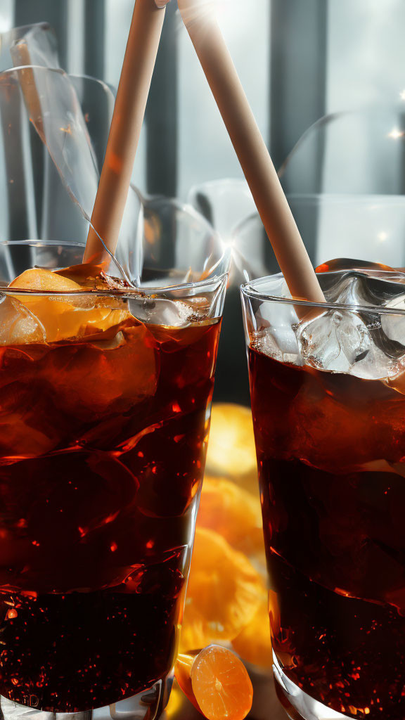 Iced Cola Glasses with Straws and Citrus Slices in Soft Backlit Setting