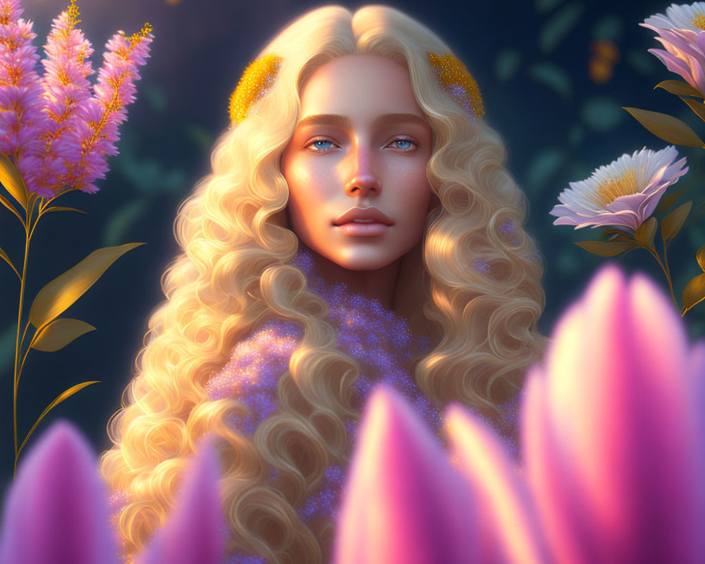 Blonde Woman Portrait with Blue Eyes in Twilight Garden