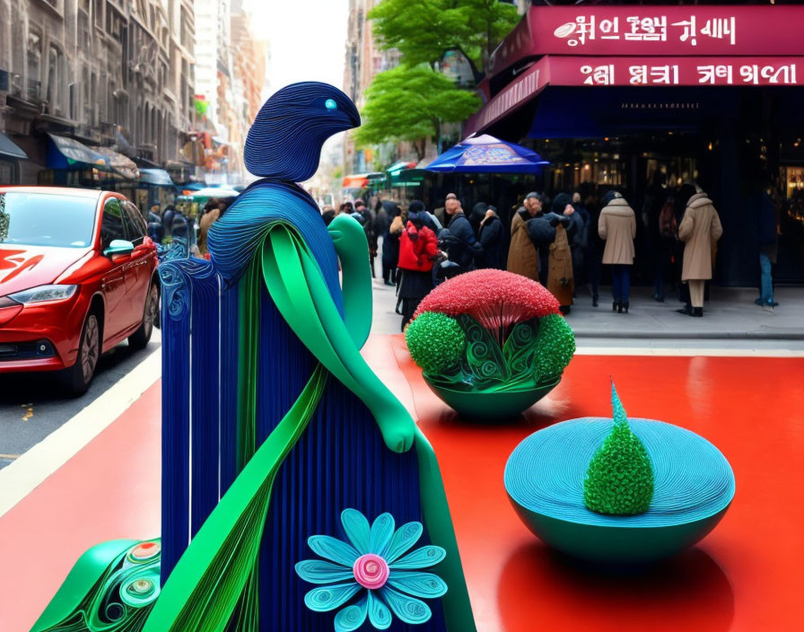 Colorful seated figure sculpture with bird-like features on urban sidewalk surrounded by vibrant street scene.