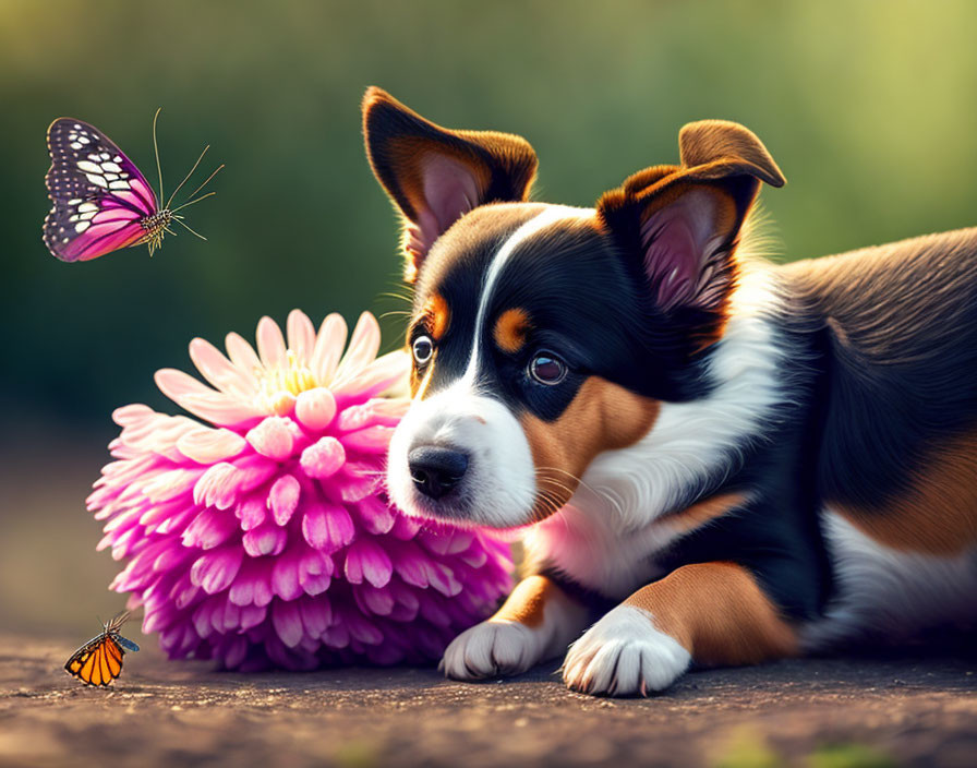 Curious puppy watching pink flower and butterfly outdoors