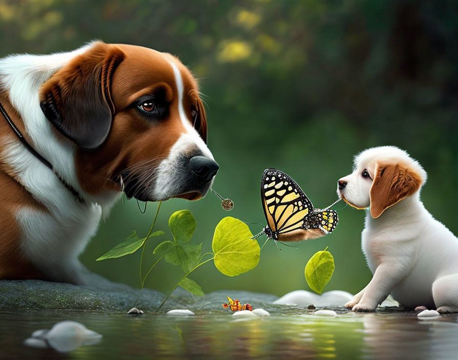 Adult dog and puppy observe butterfly on leaf in peaceful setting