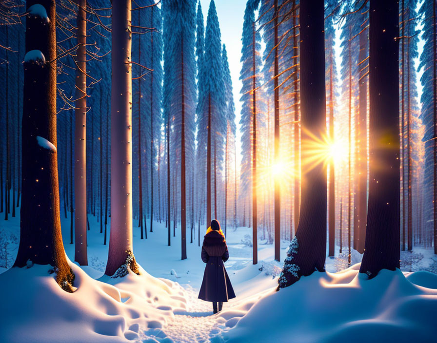 Person in winter coat in snowy forest at sunset with warm glow among tall trees