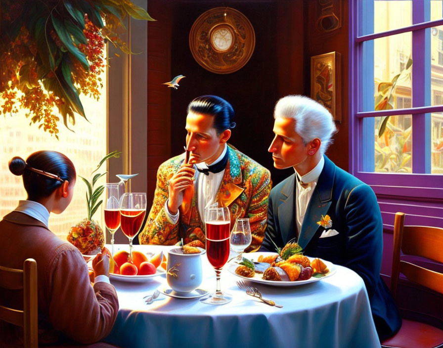 Surrealist painting of elegantly dressed figures with wine and fruits