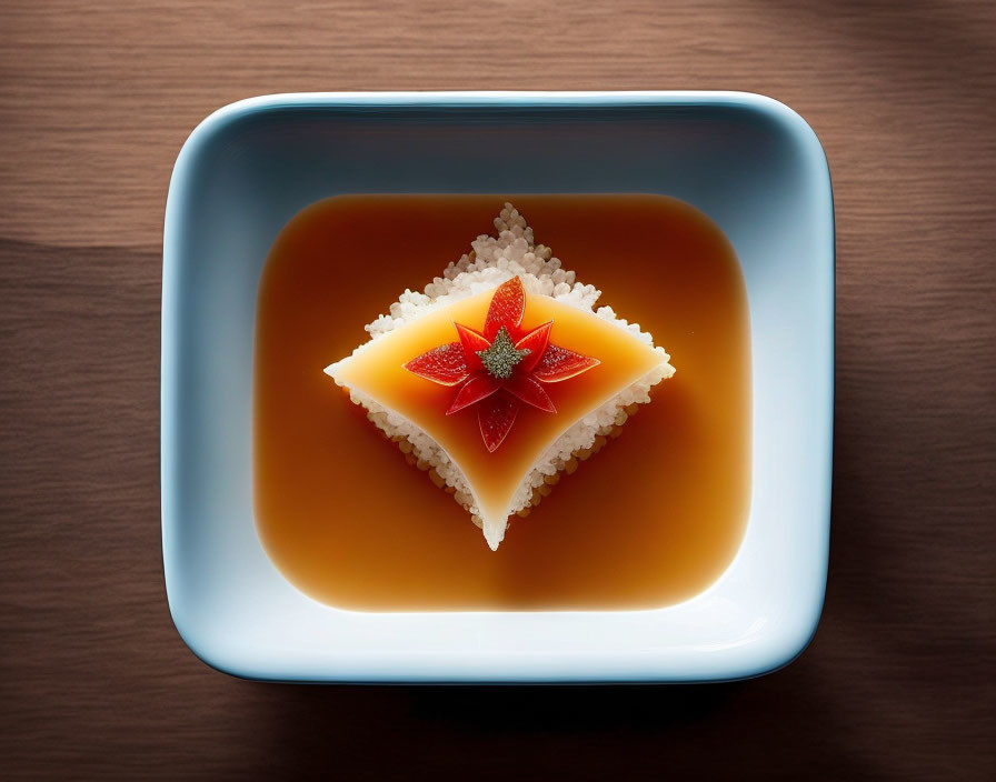 Cheesecake with Fruit Star in Blue Bowl on Wooden Surface