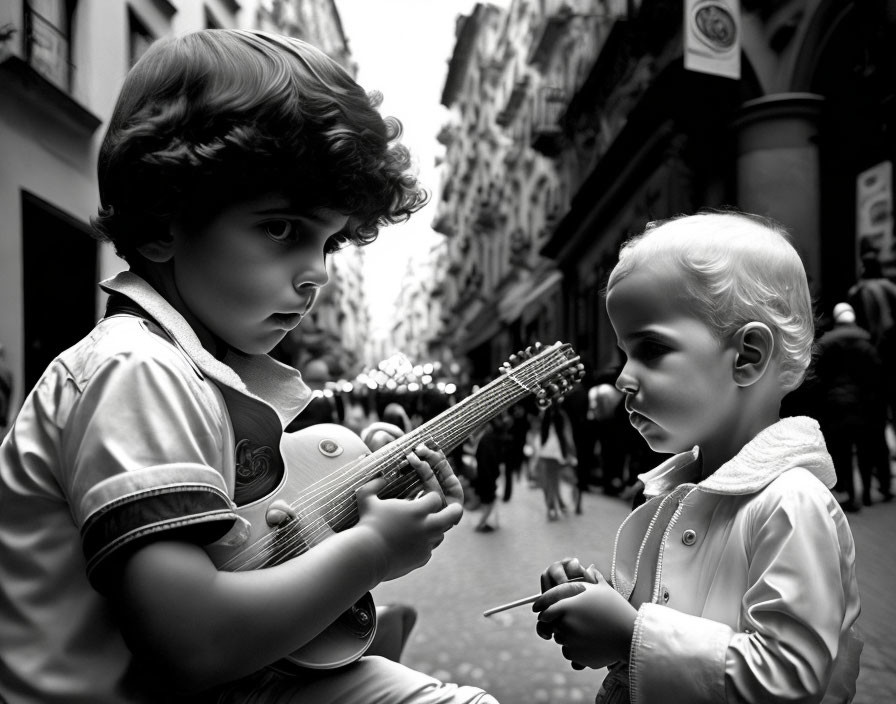 Monochrome image of two kids with guitar in urban alley