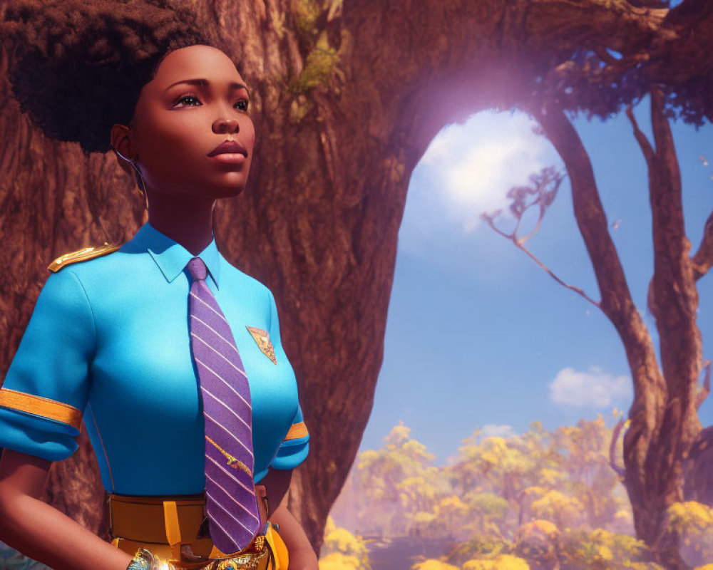 Stylized animation: Woman in blue uniform with badge in sunlit forest