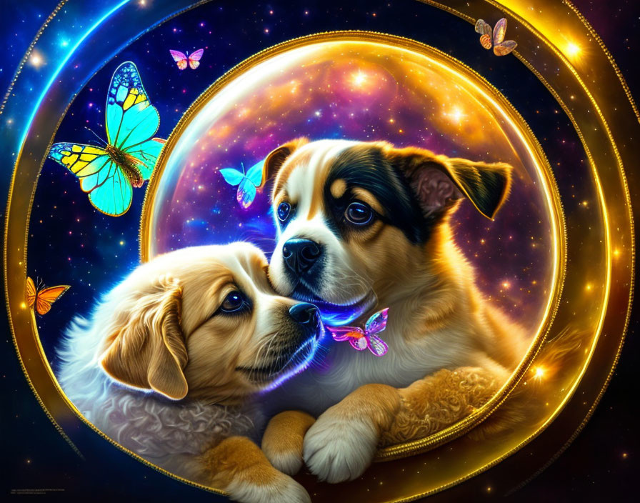 Colorful butterflies and galactic background featuring two cute dogs in heart-shaped nebula.