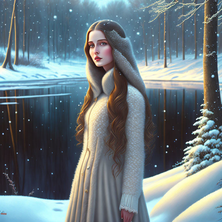 Woman in warm winter clothing by snowy riverside with falling snowflakes.