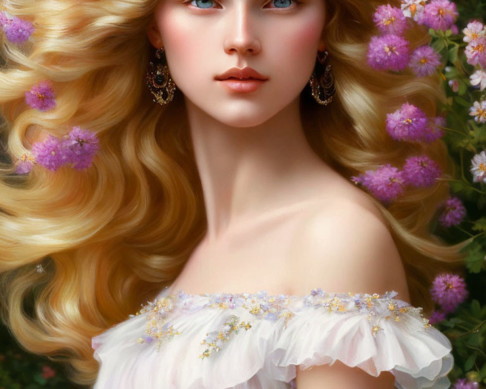 Blonde woman portrait in white dress with blue eyes and pink flower background