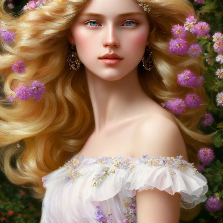 Blonde woman portrait in white dress with blue eyes and pink flower background