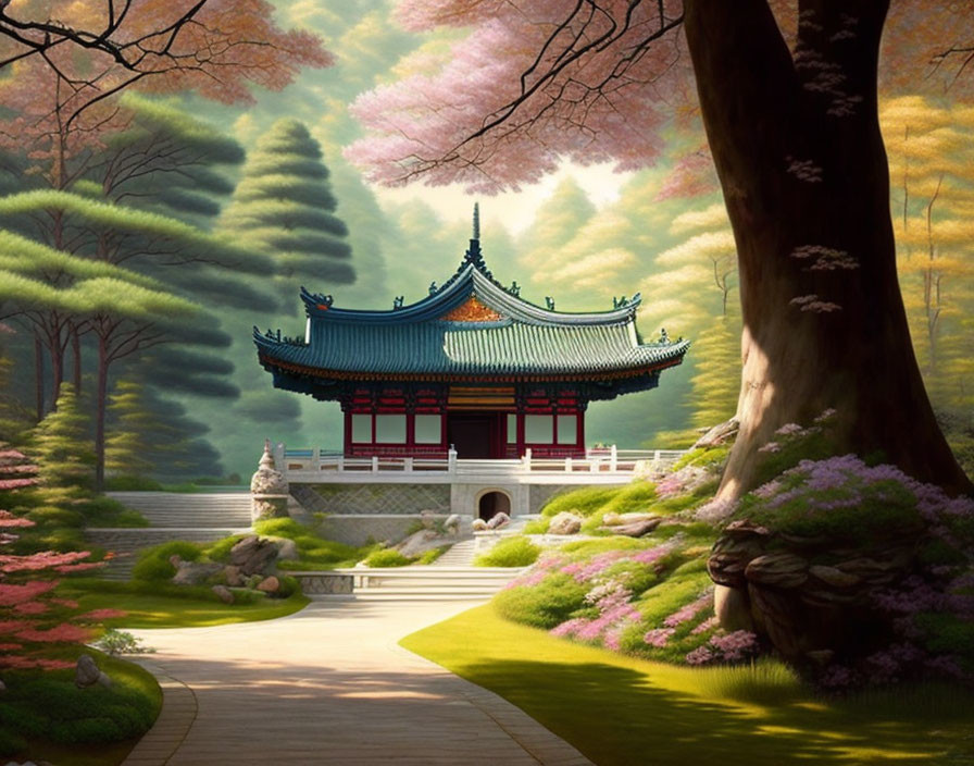 Serene Asian Pavilion in Colorful Forest Setting