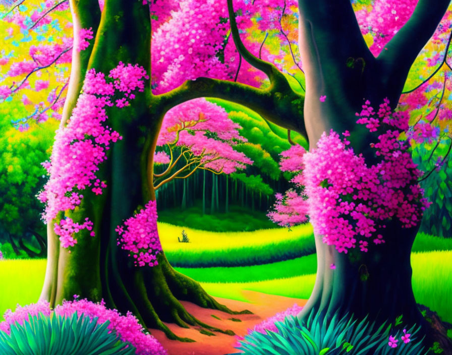 Lush green grass and pink blossoming trees in vibrant landscape