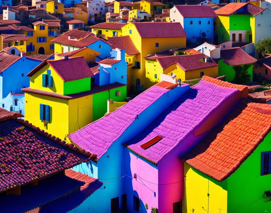 Colorful Houses with Red and Purple Roofs in Quaint Townscape