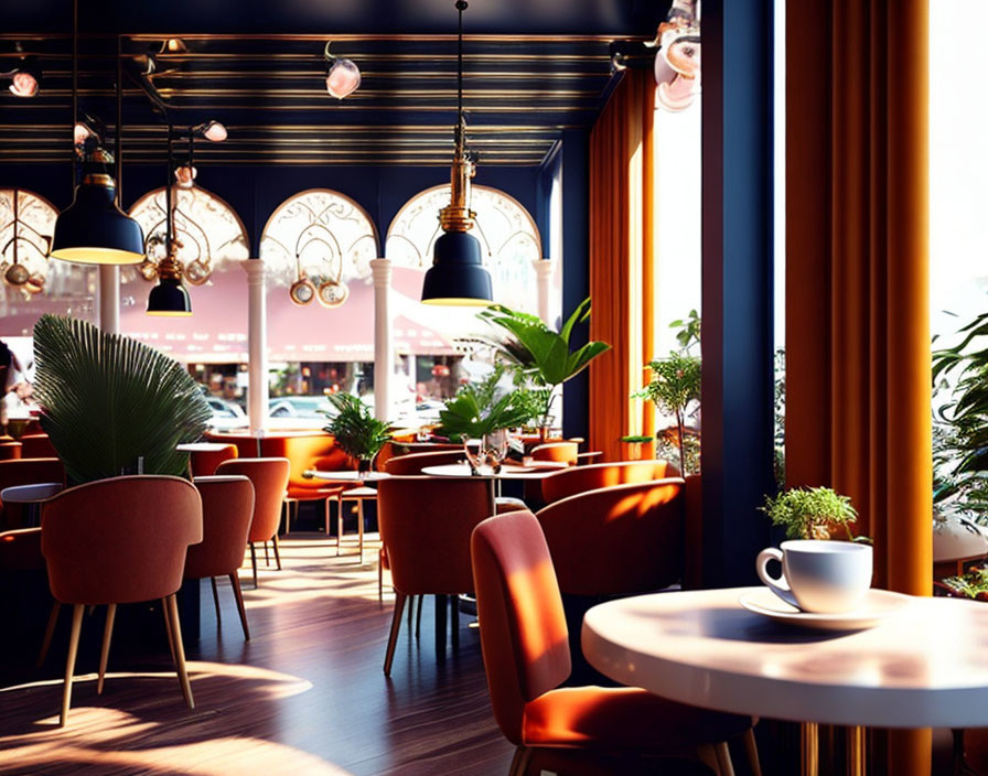 Chic Cafe Interior with Terracotta Chairs & Hanging Lamps